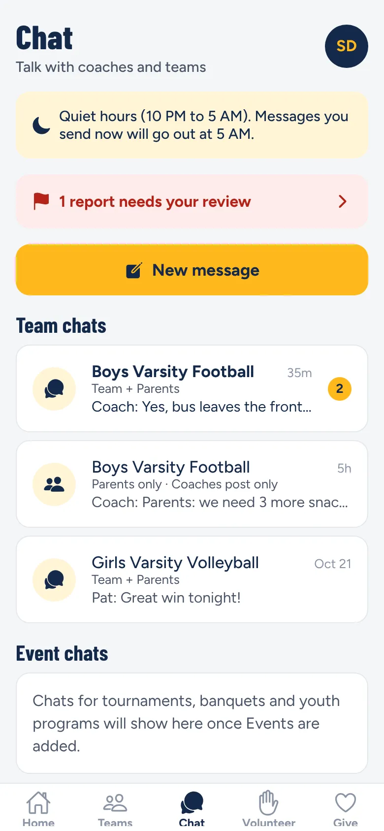 The Chat tab with team chats, a quiet hours notice and a report waiting for review