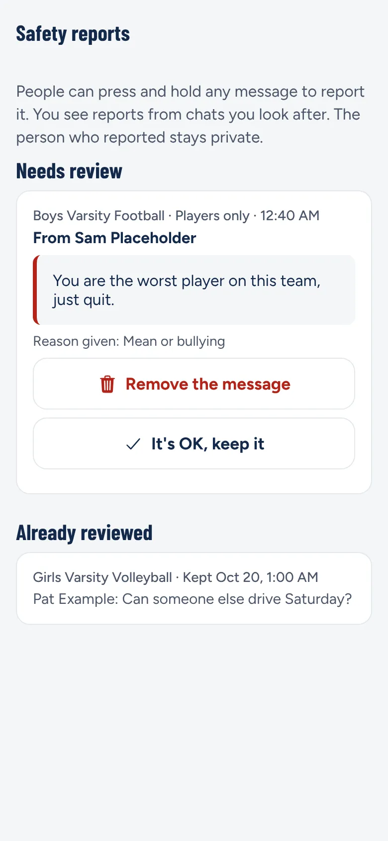 The Safety reports screen with a reported message waiting for review