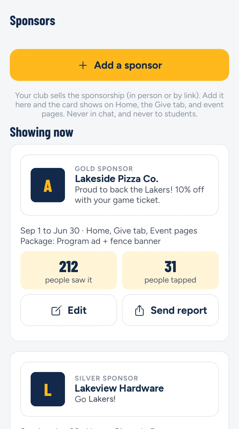 The Sponsors screen showing a gold sponsor card and how many people saw and tapped it